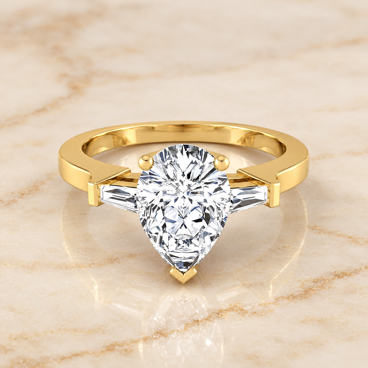 The June Three Stone Pear Engagement Ring Setting in 18K Yellow Gold