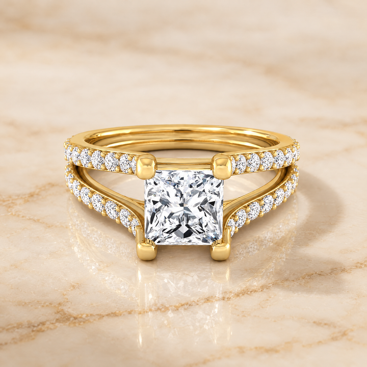 The Presley Split Shank Pavé Princess Cut Engagement Ring Setting in 18K Yellow Gold