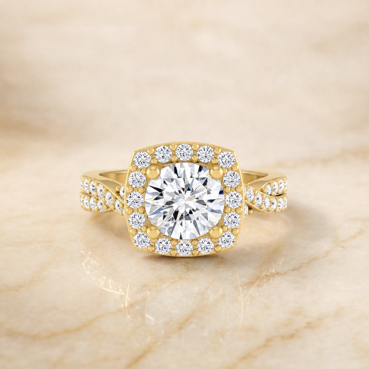 The Clementine Twisted Square Pavé Halo Round Engagement Ring Setting in 18K Yellow Gold