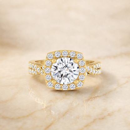 The Clementine Twisted Square Pavé Halo Round Engagement Ring Setting in 18K Yellow Gold