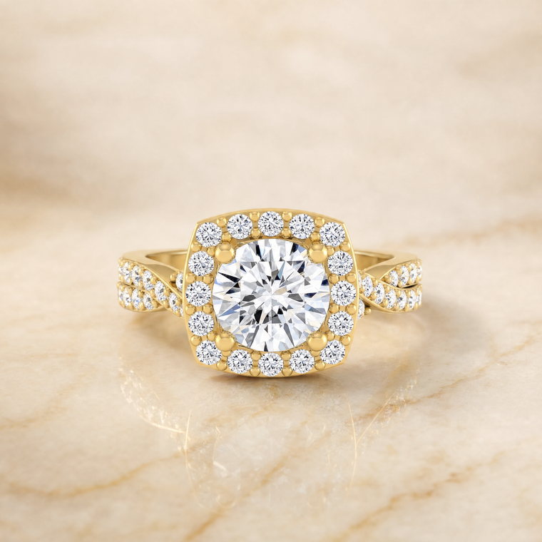 The Clementine Twisted Square Pavé Halo Round Engagement Ring Setting in 18K Yellow Gold