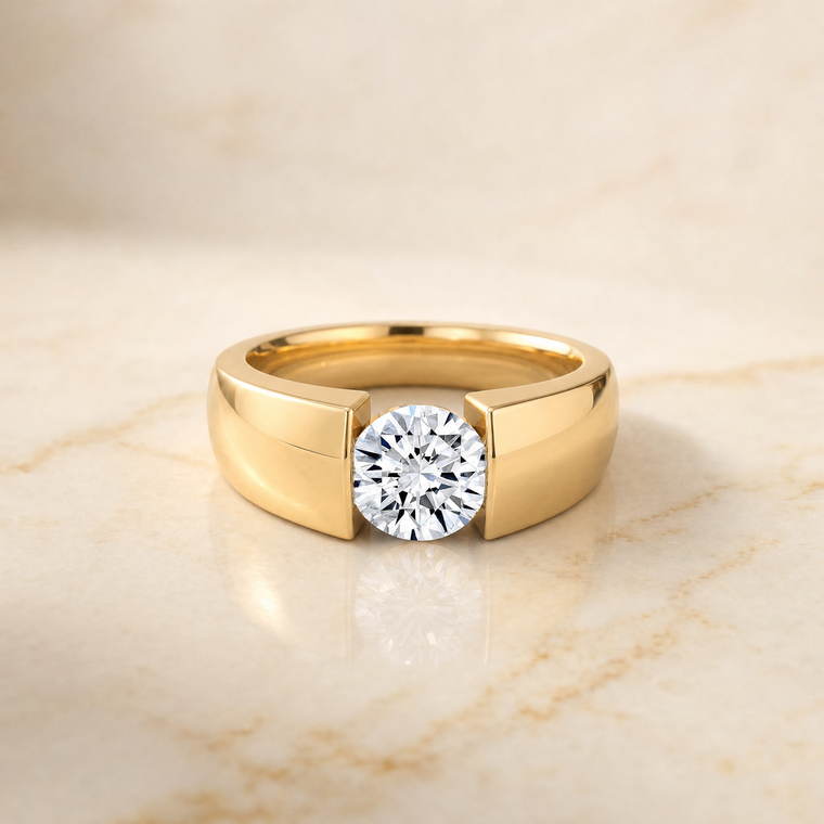 The Lola Cigar Band Solitaire Round Engagement Ring Setting in 18K Yellow Gold