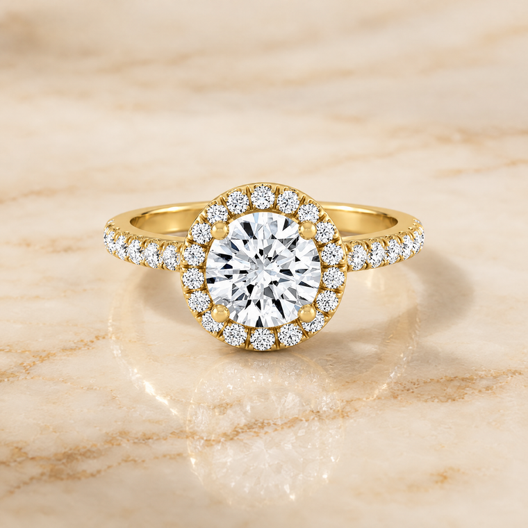 The Nina Classic Linear Halo Round Engagement Ring Setting in 18K Yellow Gold