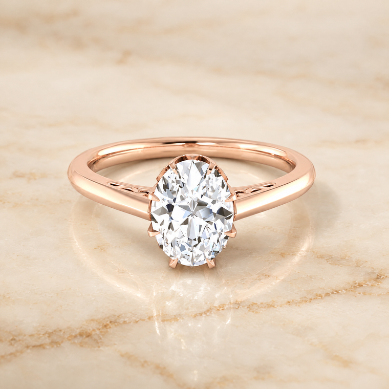 The Natalia Antique Scroll Gallery East West Solitaire Oval Engagement Ring Setting in 14K Rose Gold