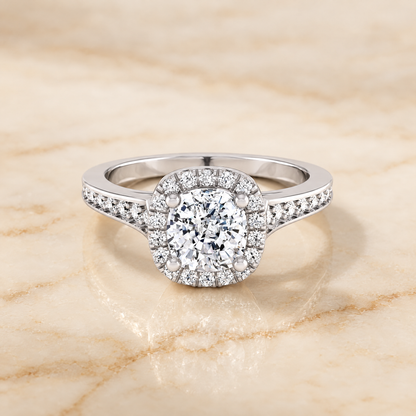 The Genesis Channel Pavé Halo Cushion Cut Engagement Ring Setting in Platinum