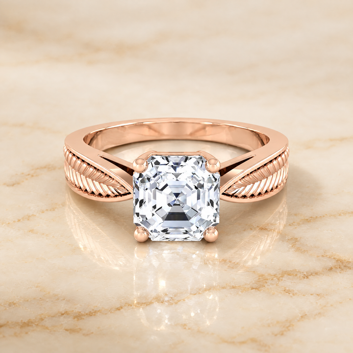 The Roberta Vintage Leaf Pattern Solitaire Asscher Cut Engagement Ring Setting in 14K Rose Gold