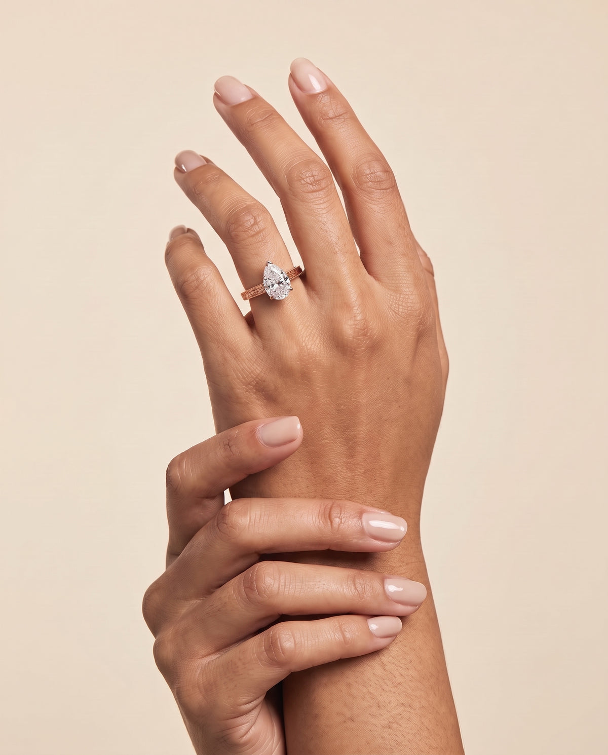 The Aida Hand Engraved Vintage Cathedral Solitaire Pear Engagement Ring Setting in 14K Rose Gold