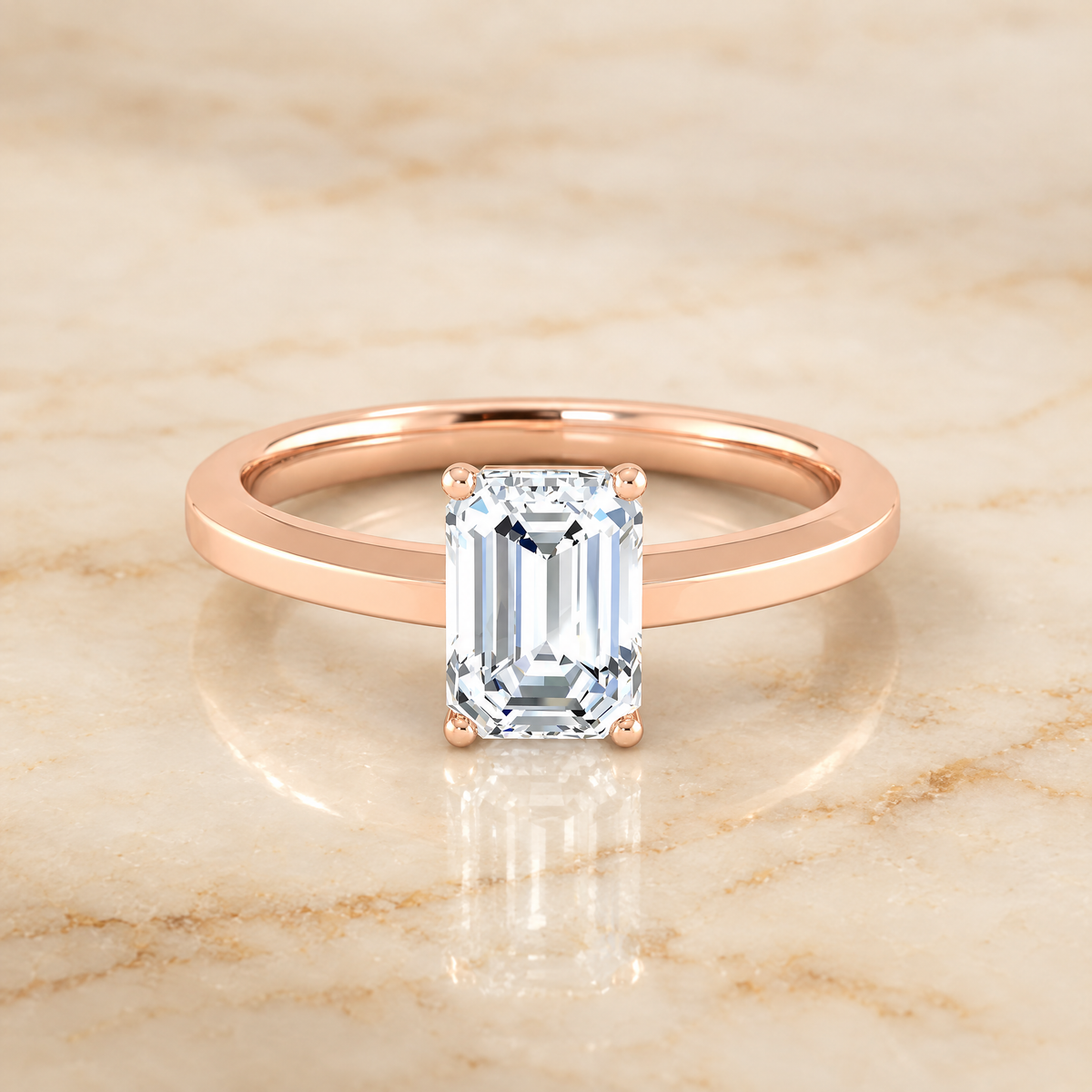 The Carmen Beveled Edge Comfort Fit Solitaire Emerald Cut Engagement Ring Setting in 14K Rose Gold