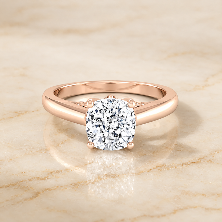 The Rio Scroll Gallery Comfort Fit Solitaire Cushion Cut Engagement Ring Setting in 14K Rose Gold