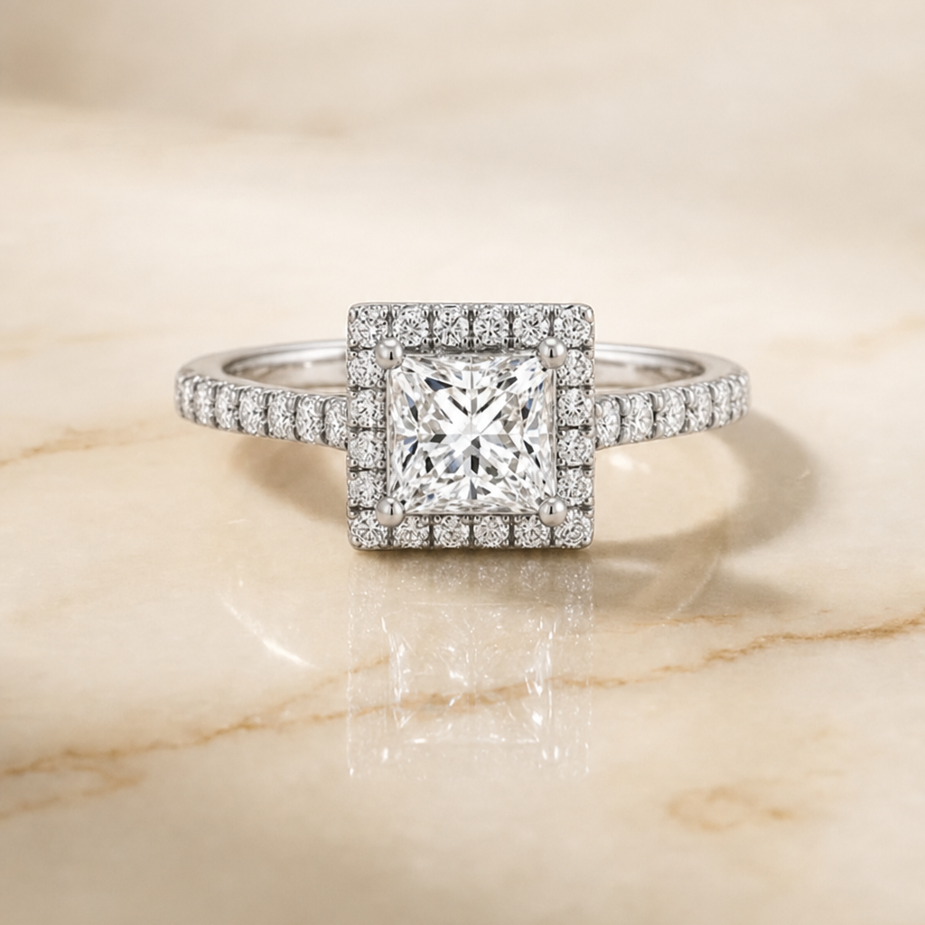 The Allegra Shared Prong Pavé Halo Princess Cut Engagement Ring Setting in Platinum