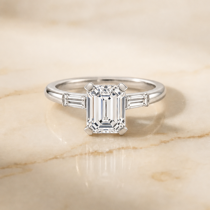 The Caroline Three Stone Emerald Cut Engagement Ring Setting in Platinum