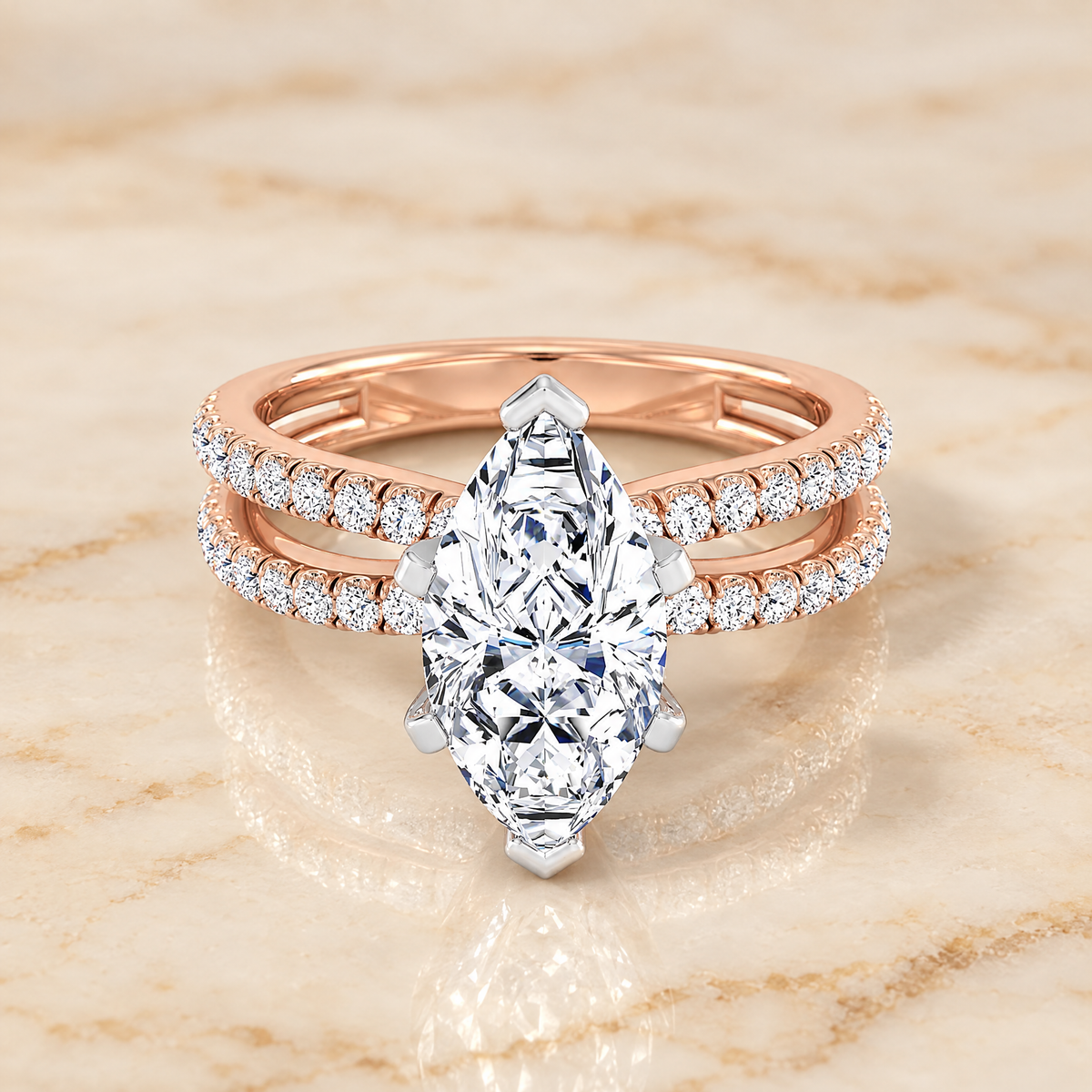 Marquise engagement ring setting in 14K Rose Gold, Carole Two Row Pavé Split Shank Marquise | RockHer
