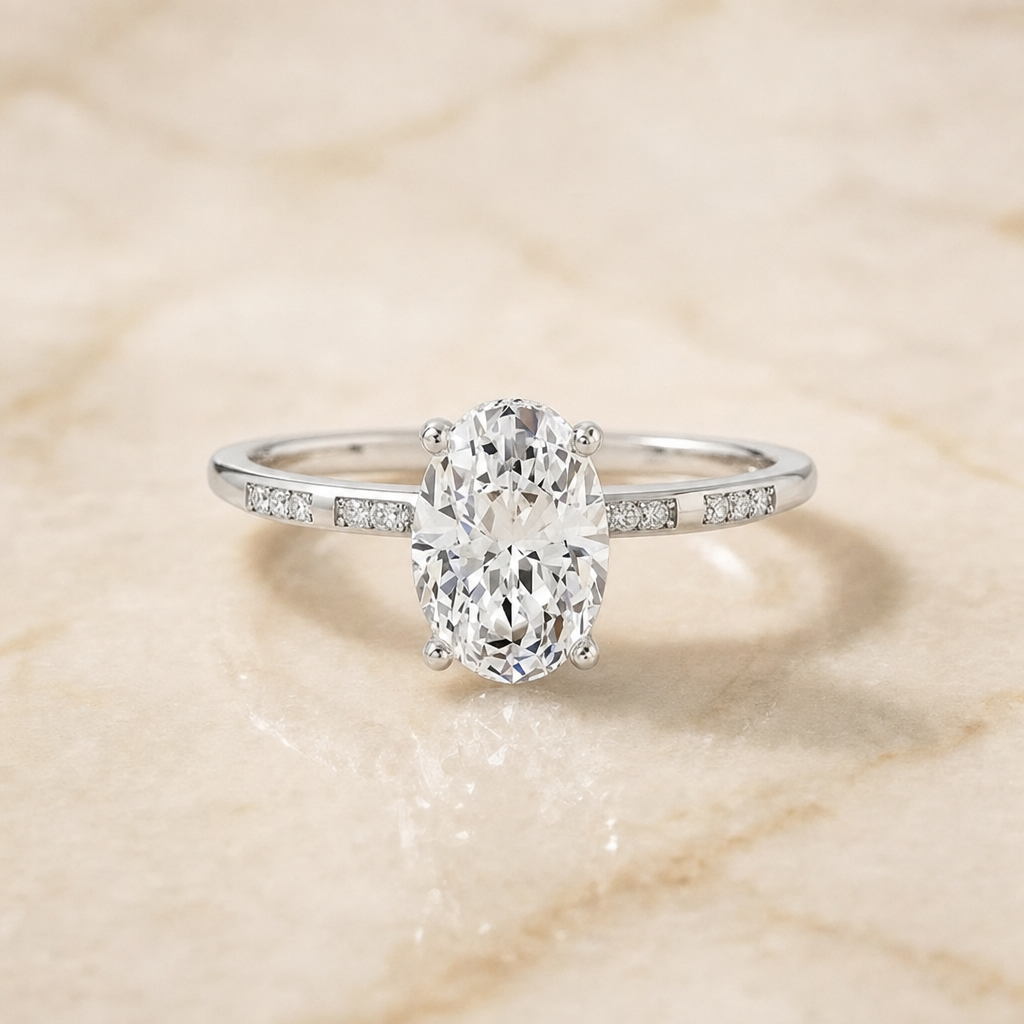 The Wanda Hidden Halo Pavé Solitaire Oval Engagement Ring Setting in 18K White Gold