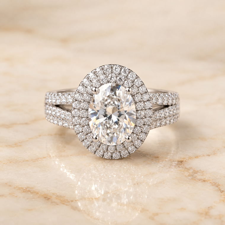 The Mariah Three Tier Halo Crown Oval Engagement Ring Setting in 18K White Gold