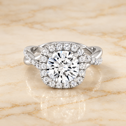 The Bell Bold Twist Pavé Halo Round Engagement Ring Setting in Platinum