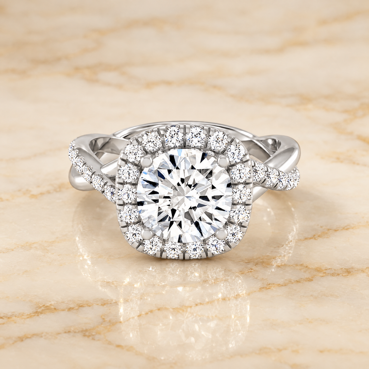 The Bell Bold Twist Pavé Halo Round Engagement Ring Setting in Platinum