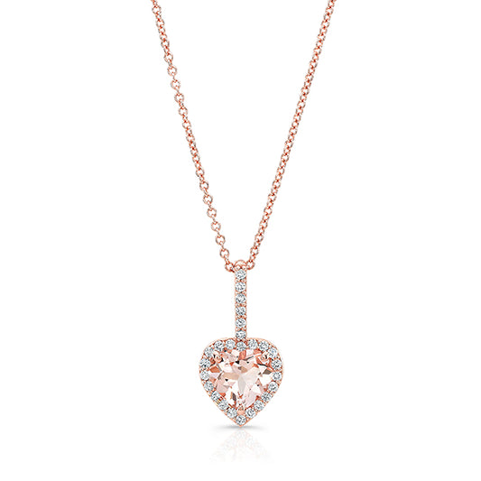Morganite and Diamond Halo Heart Pendant in 14k Rose Gold 0.24ctw