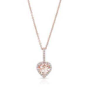 Morganite and Diamond Halo Heart Pendant in 14k Rose Gold 0.24ctw – front view | RockHer