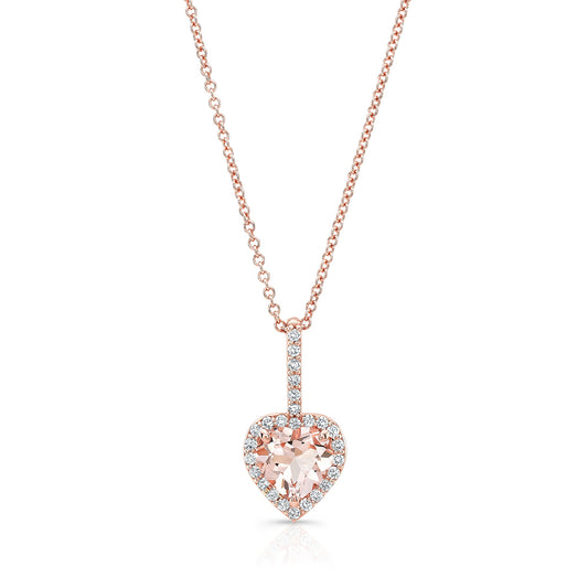 Morganite and Diamond Halo Heart Pendant in 14k Rose Gold 0.24ctw
