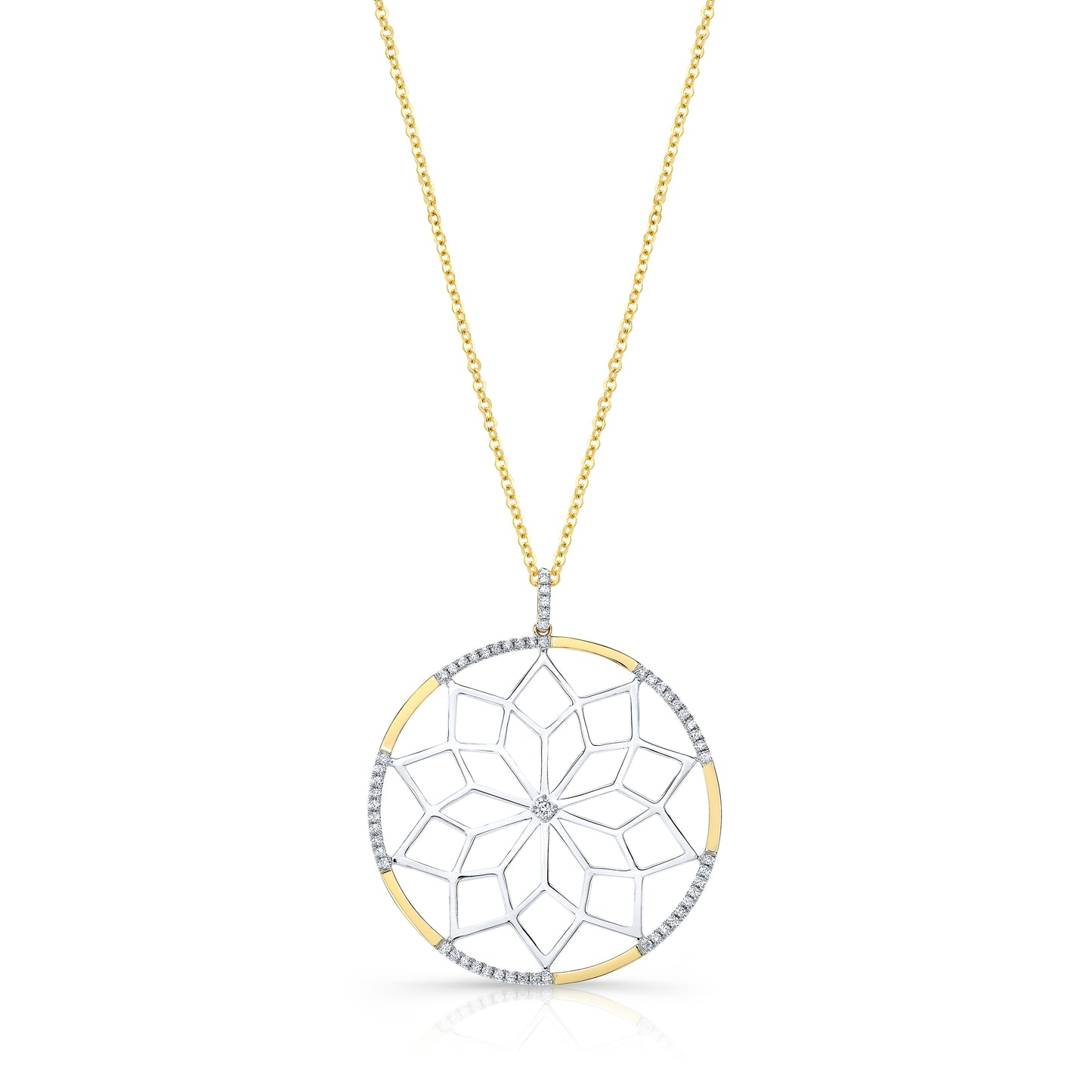 Diamond Snowflake Pendant With Circular Frame in 14k Yellow Gold 0.30ctw, 16-18 Inch Adjustable Rolo Chain – front view | RockHer