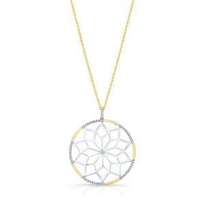 Diamond Snowflake Pendant With Circular Frame in 14k Yellow Gold 0.30ctw, 16-18 Inch Adjustable Rolo Chain – front view | RockHer