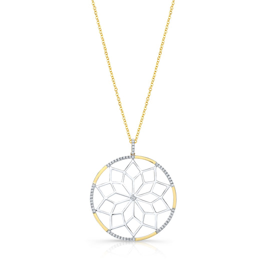 Diamond Snowflake Pendant With Circular Frame in 14k Yellow Gold 0.30ctw, 16-18 Inch Adjustable Rolo Chain