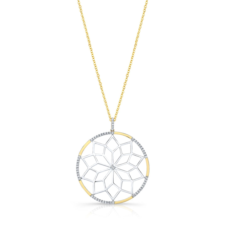 Diamond Snowflake Pendant With Circular Frame in 14k Yellow Gold 0.30ctw, 16-18 Inch Adjustable Rolo Chain – front view | RockHer