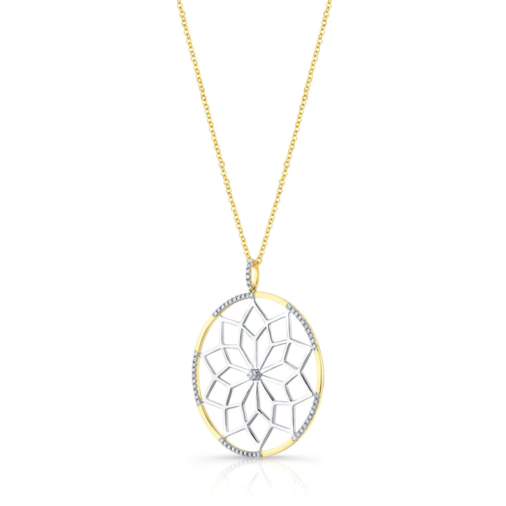 Diamond Snowflake Pendant With Circular Frame in 14k Yellow Gold 0.30ctw, 16-18 Inch Adjustable Rolo Chain – side profile | RockHer