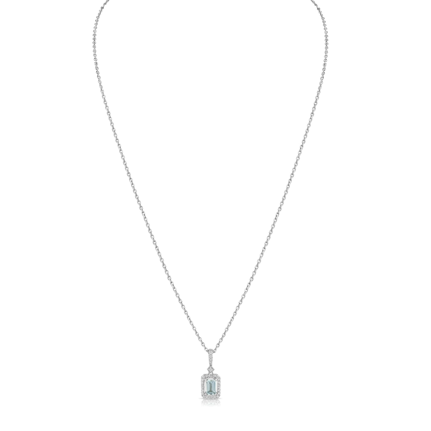 Aquamarine Emerald Cut Halo Pendant in 14k White Gold 0.15ctw