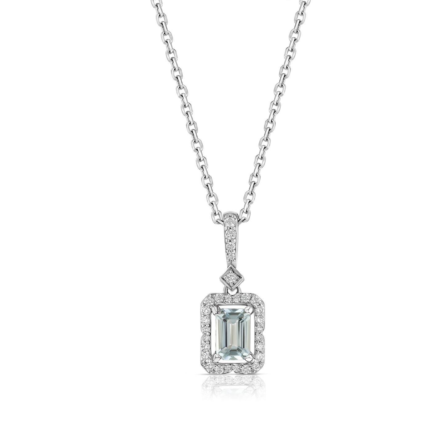 Aquamarine Emerald Cut Halo Pendant in 14k White Gold 0.15ctw