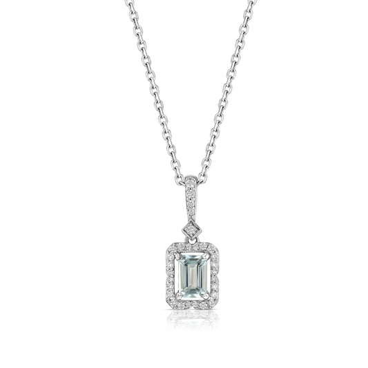 Aquamarine Emerald Cut Halo Pendant in 14k White Gold 0.15ctw