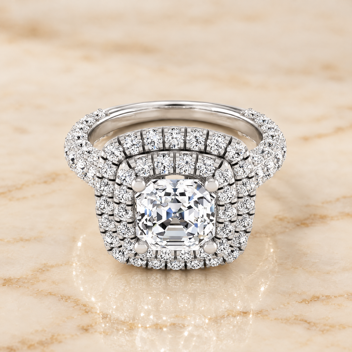 The Dinah Double Halo Asscher Cut Engagement Ring Setting in 18K White Gold