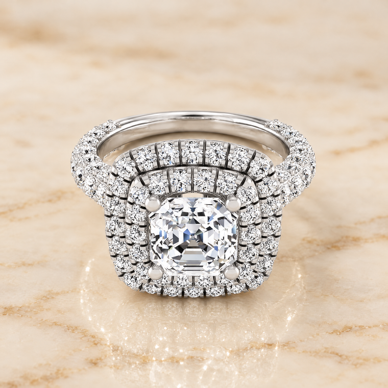 The Dinah Double Halo Asscher Cut Engagement Ring Setting in Platinum