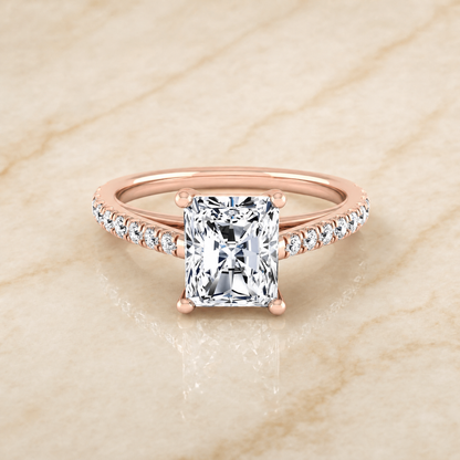 The Donna Cathedral French Pavé Solitaire Radiant Cut Engagement Ring Setting in 14K Rose Gold