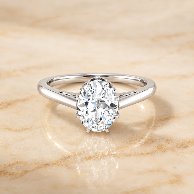 The Natalia Antique Scroll Gallery East West Solitaire Oval Engagement Ring Setting in 18K White Gold