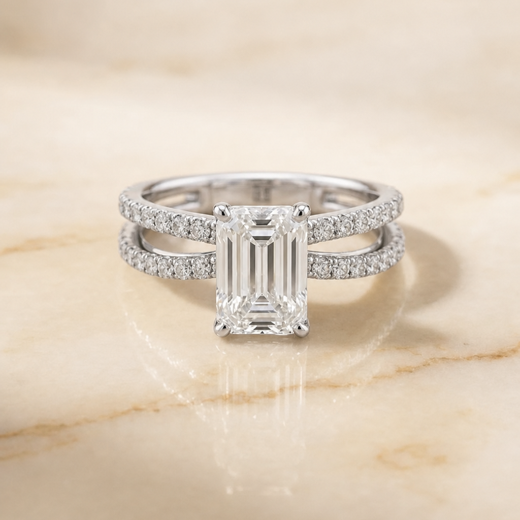 The Carole Two Row Pavé Split Shank Emerald Cut Engagement Ring Setting in Platinum