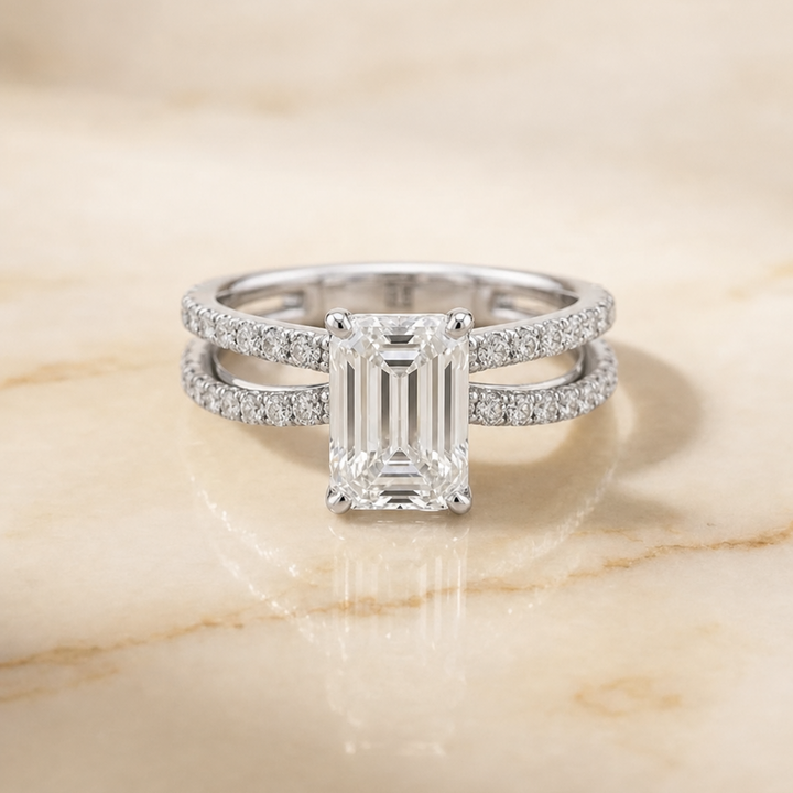 The Carole Two Row Pavé Split Shank Emerald Cut Engagement Ring Setting in Platinum