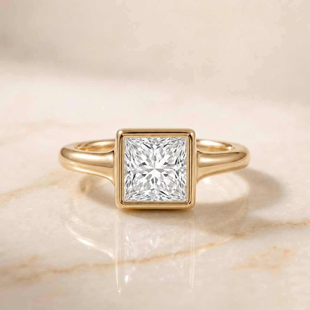 The Agnes Bezel Solitaire In Princess Cut Engagement Ring Setting in 18K Yellow Gold