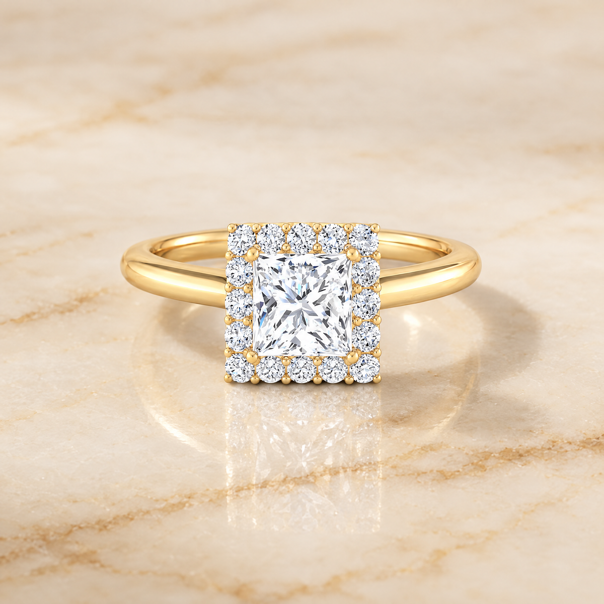 The Etta Classic Shared Prong Halo Princess Cut Engagement Ring Setting in 18K Yellow Gold