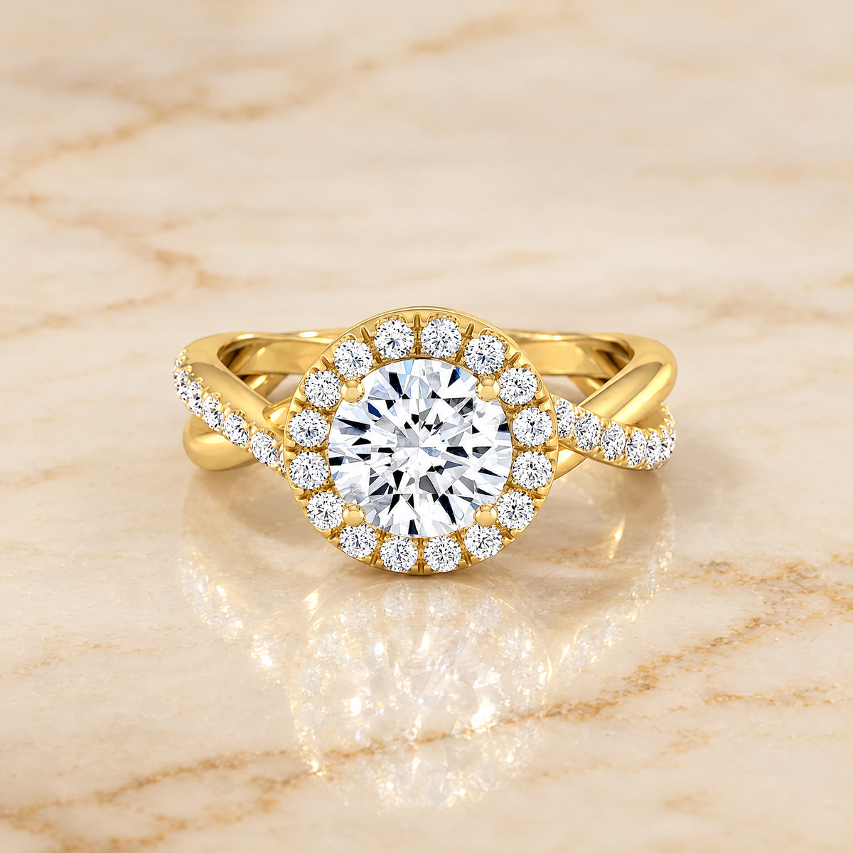 The Harmony Twisted Vine Halo Round Engagement Ring Setting in 18K Yellow Gold