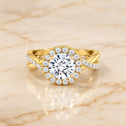 The Harmony Twisted Vine Halo Round Engagement Ring Setting in 18K Yellow Gold
