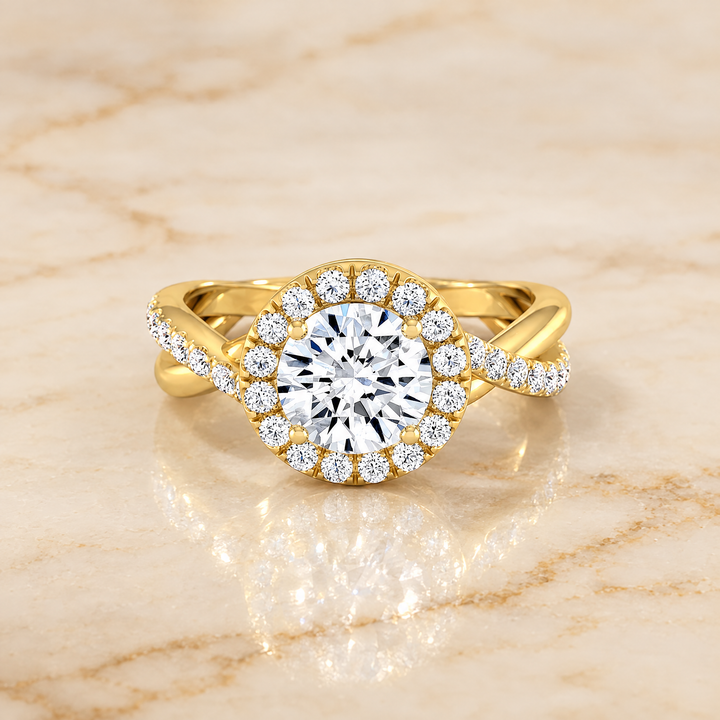 The Harmony Twisted Vine Halo Round Engagement Ring Setting in 18K Yellow Gold