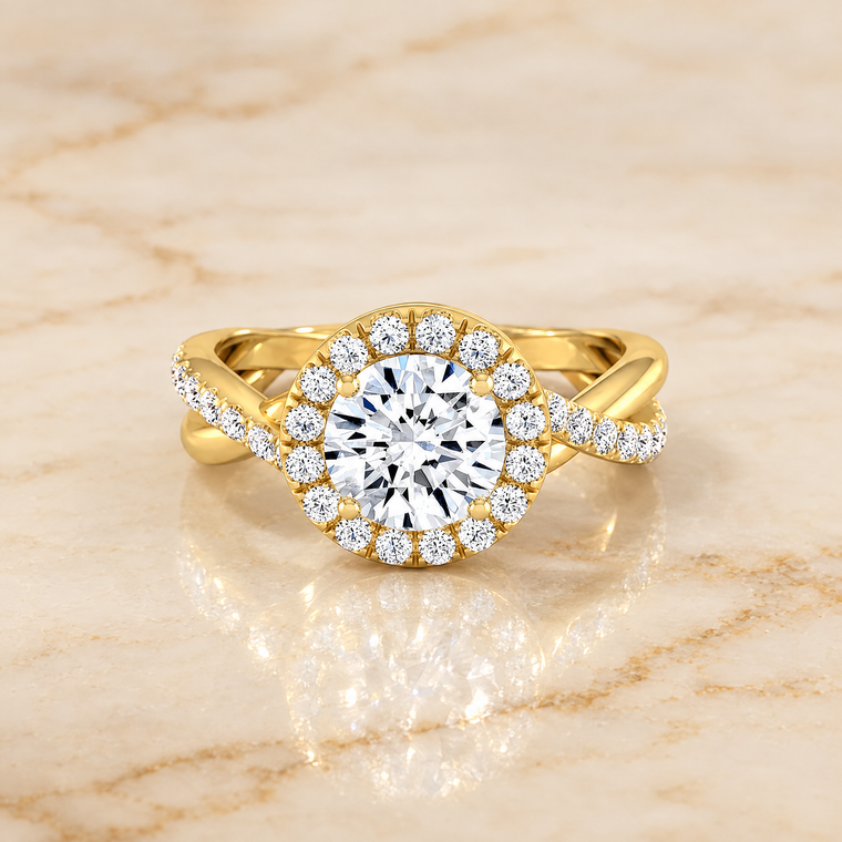 The Harmony Twisted Vine Halo Round Engagement Ring Setting in 18K Yellow Gold