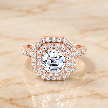 The Whitney Double Halo Asscher Cut Engagement Ring Setting in 14K Rose Gold