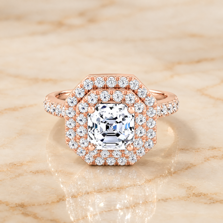The Whitney Double Halo Asscher Cut Engagement Ring Setting in 14K Rose Gold