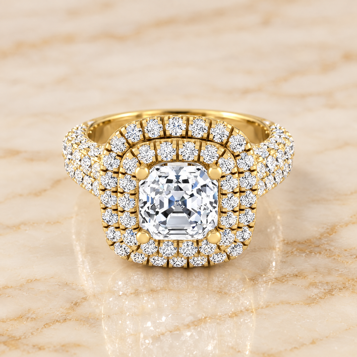 The Dinah Double Halo Asscher Cut Engagement Ring Setting in 18K Yellow Gold