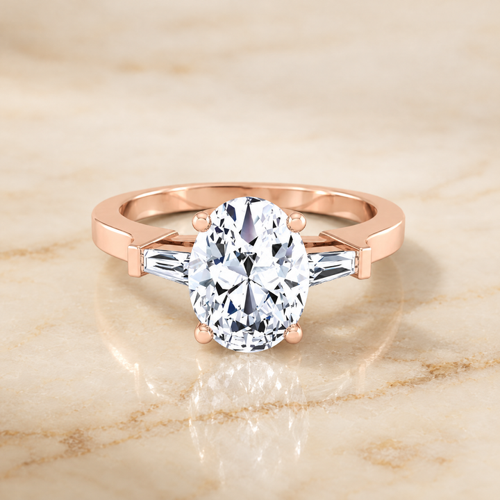The June Three Stone Oval Engagement Ring Setting in 14K Rose Gold