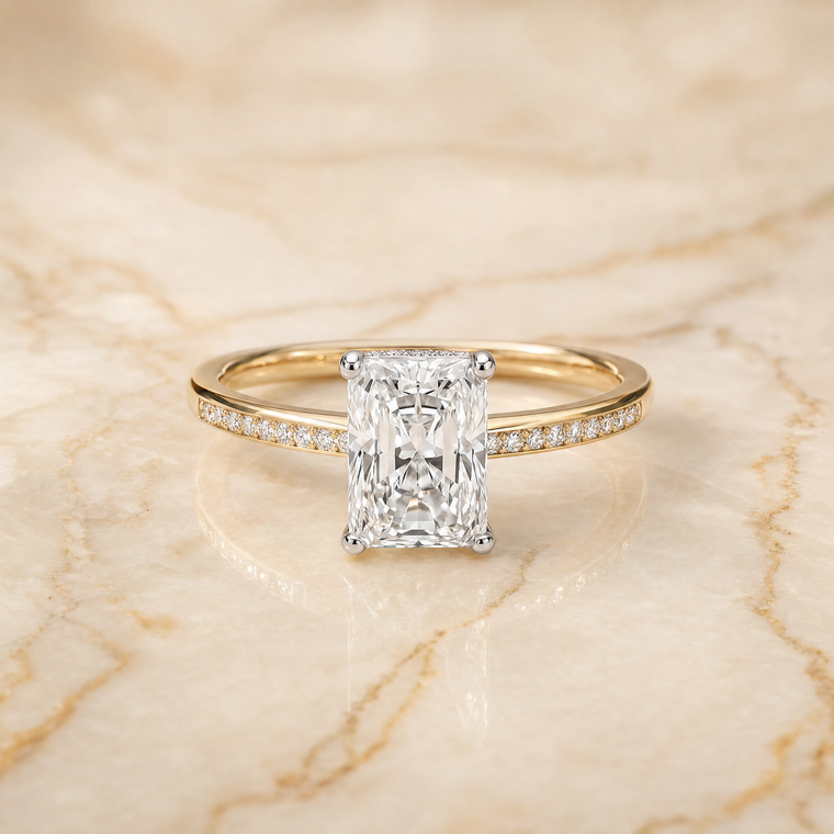 The Brenda Select High Hidden Halo Solitaire Radiant Cut Lab Diamond Engagement Ring in 18K Yellow Gold
