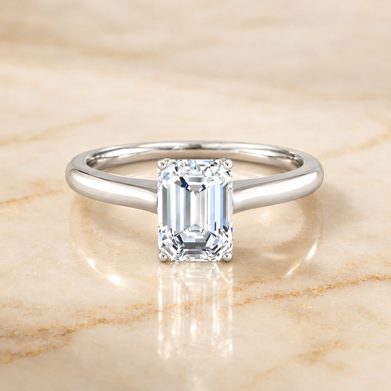 The Rosanna Cathedral Surprise Stone Solitaire Emerald Cut Engagement Ring Setting in Platinum
