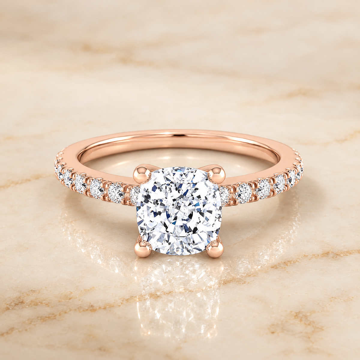 The Norah Classic Linear French Pavé Cushion Cut Engagement Ring Setting in 14K Rose Gold